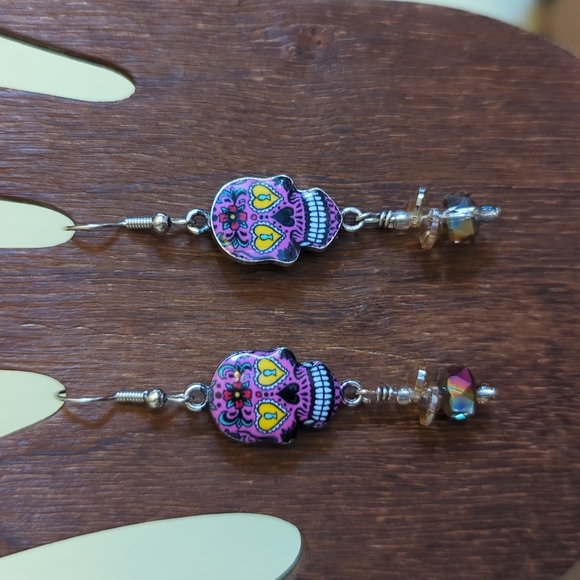 Jewelry - Hand made Pink & Yellow Candy Skull earrings
